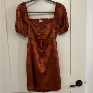 Altar'd State Orange Ruched Mini Dress Puff Sleeves Square Neck